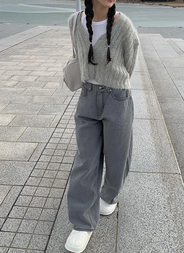 グレー ワイドレッグ デニムパンツ