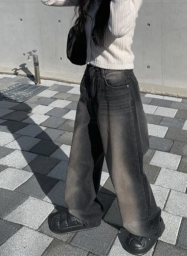ブラックウォッシュドワイドデニムパンツ | レディースファッション 