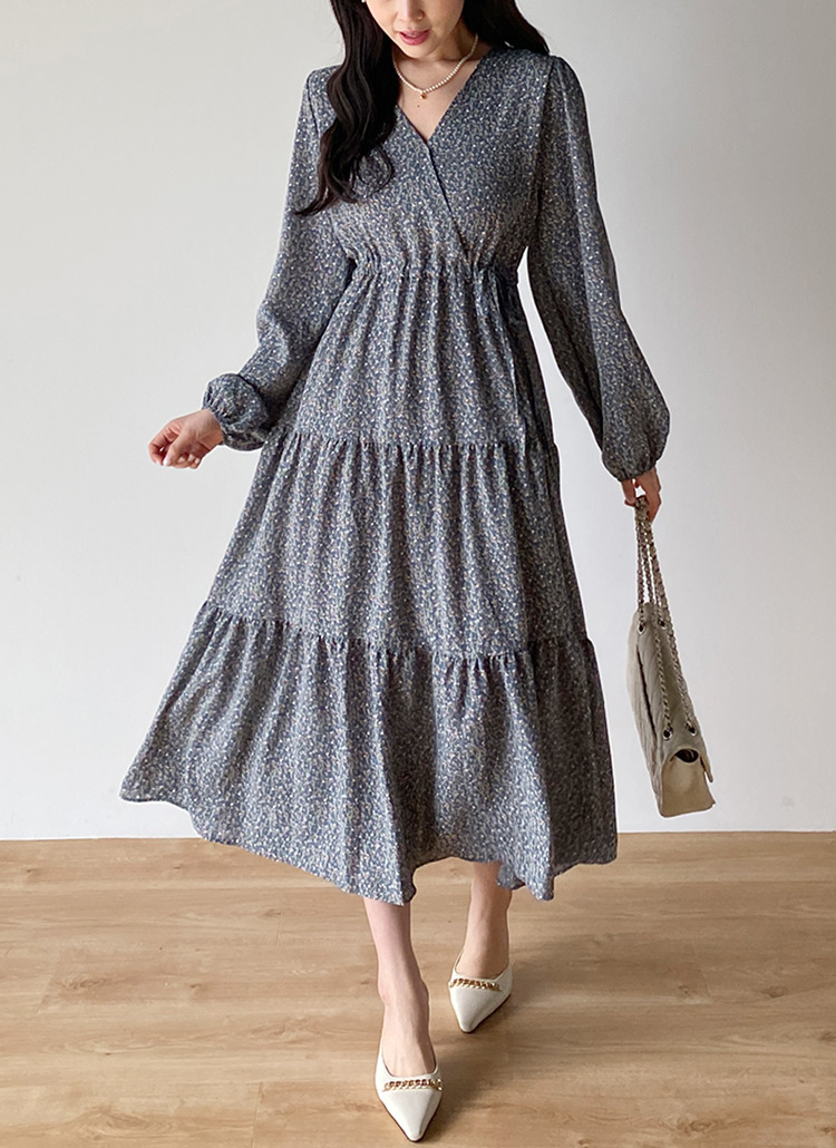 Dholic ワンピース　ドレス ストリング付Vネック花柄ワンピース | レディースファッション