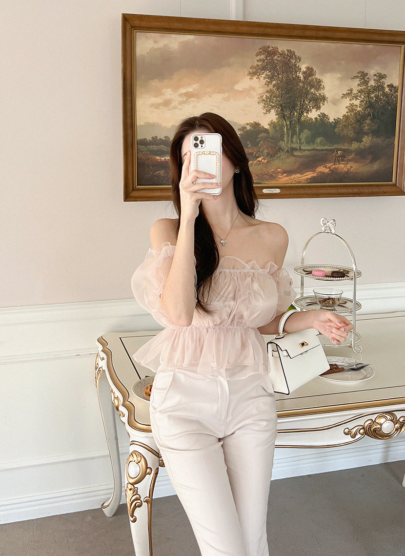 シースルーシャーリングオフショルブラウス | レディースファッション