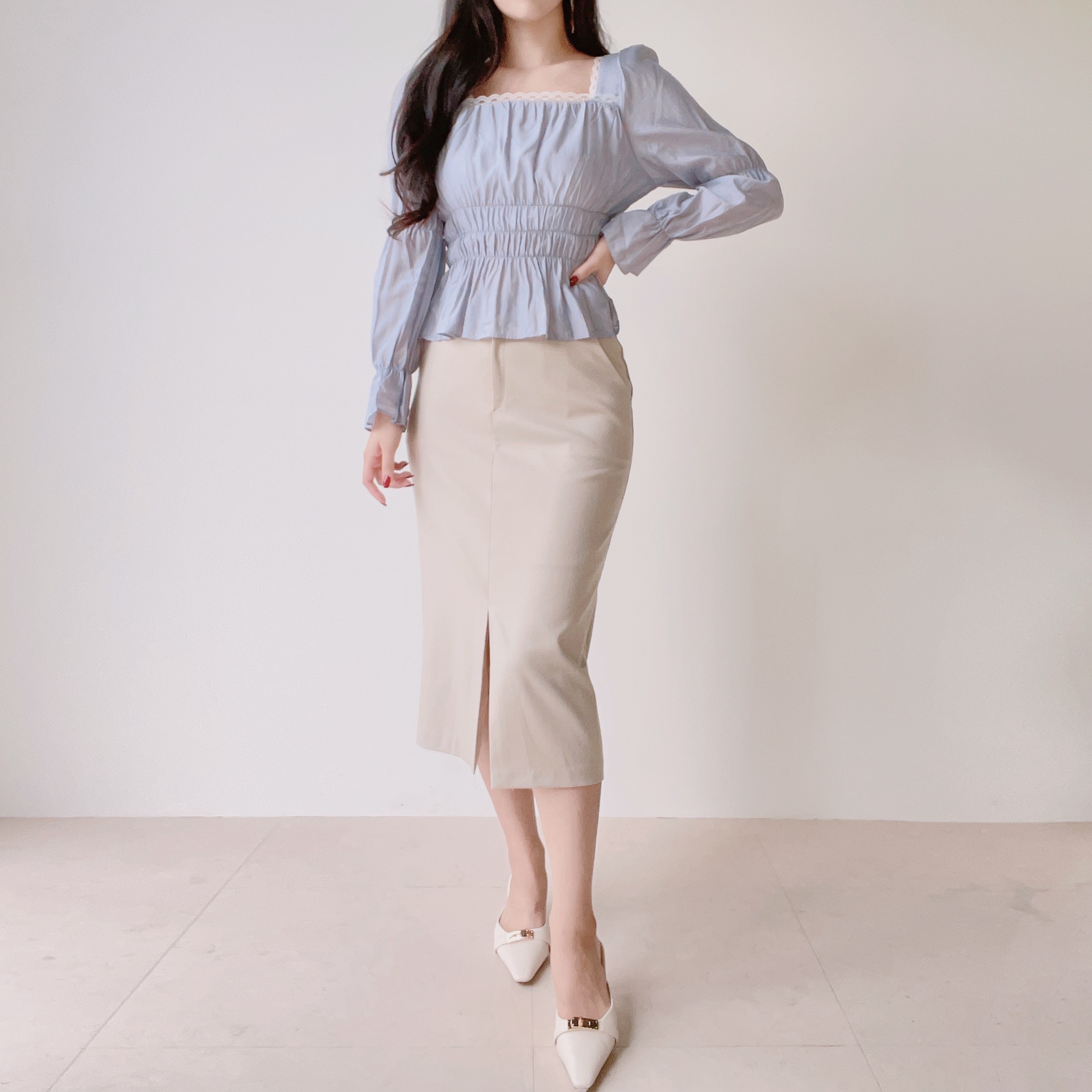 [MIXXO]スクエアネック シャーリング ブラウス_MIWBLE912G スクエアネックシャーリングブラウス | レディースファッション