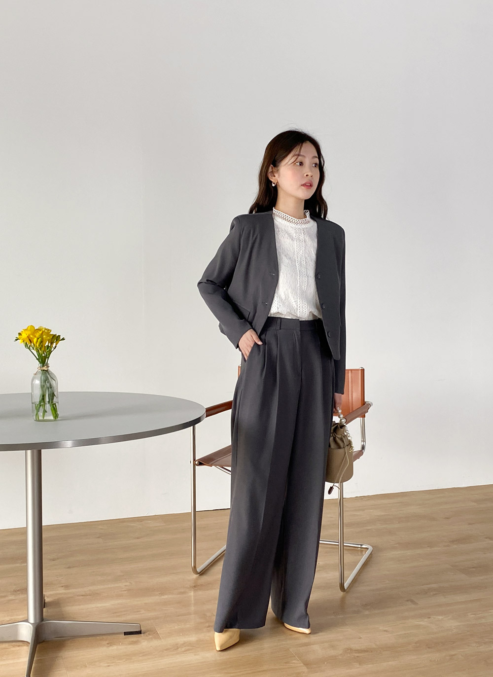 ノーカラージャケット&ワイドスラックスSET | レディースファッション