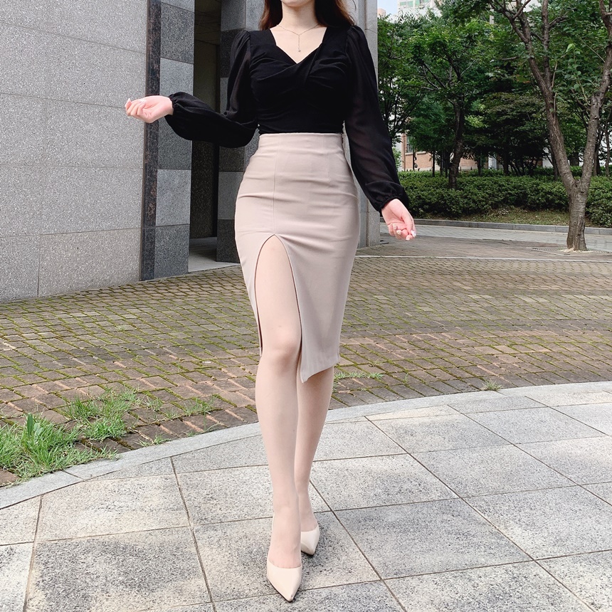 美品ハイウエスト　スリットスカート ハイウエストディープスリットスリムスカート | レディース
