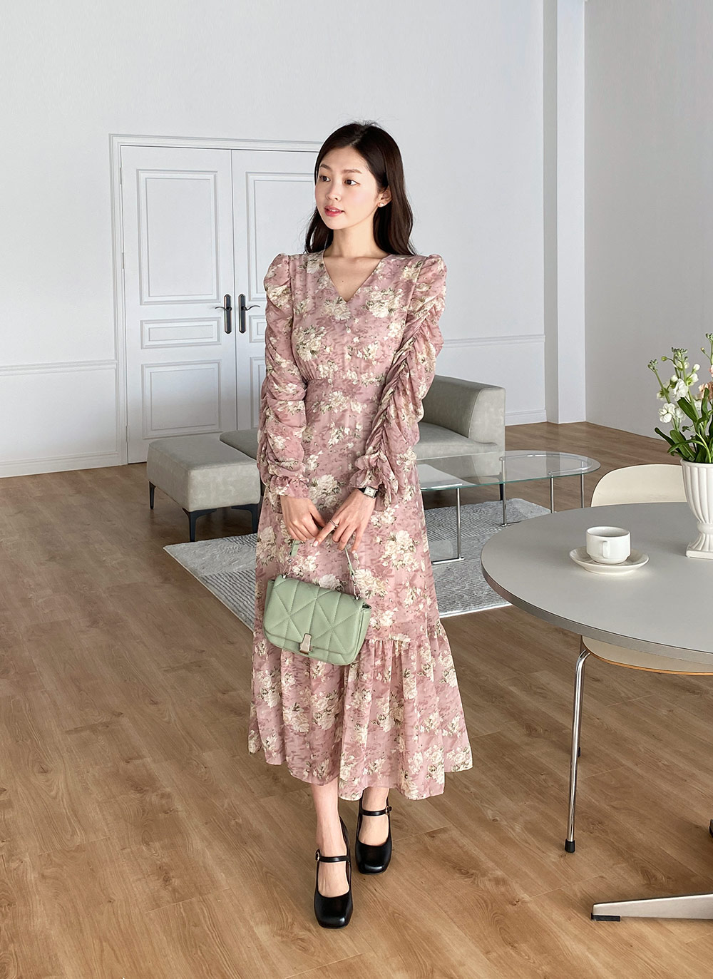花柄シャーリングマーメイドワンピース | レディースファッション通販