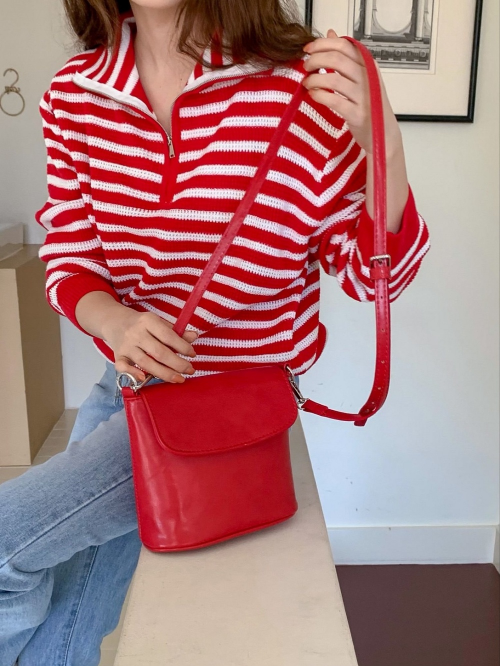 Munsingwear ハーフジップ ボーダーシャツ レッド ハーフジップボーダーニット | レディースファッション通販 - DHOLIC