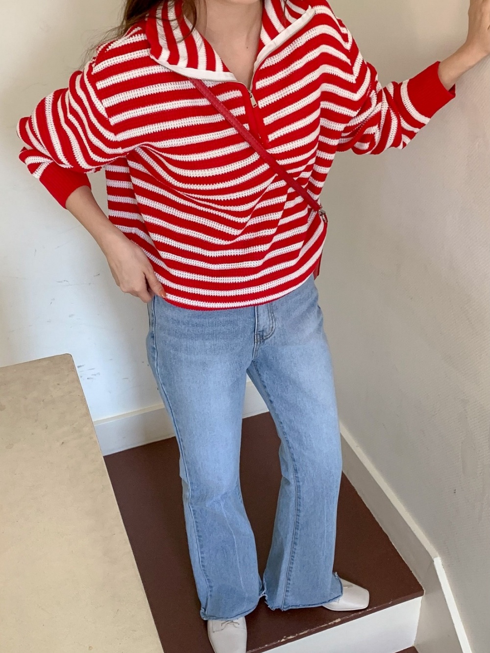 Munsingwear ハーフジップ ボーダーシャツ レッド ハーフジップボーダーニット | レディースファッション通販 - DHOLIC