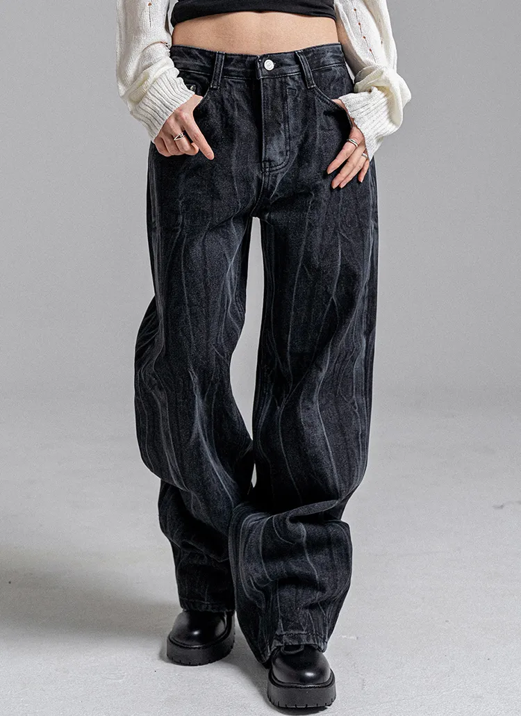 リンクルダークグレーウォッシュワイドデニムパンツ | レディース  