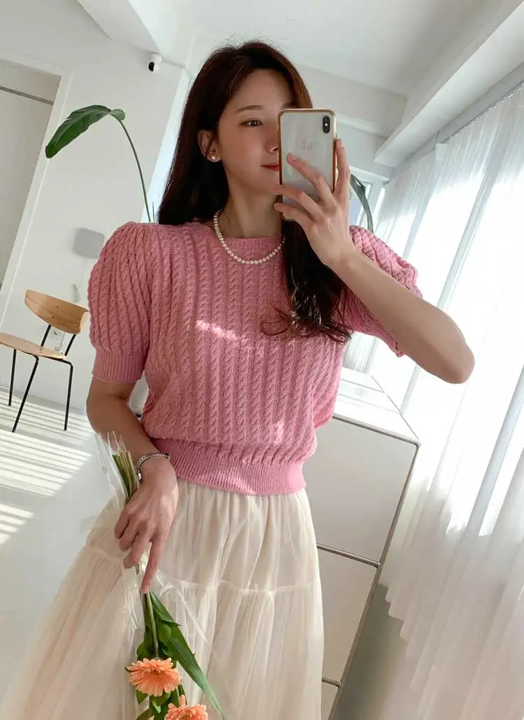 襟付ケーブルパフ半袖ニット | レディースファッション通販 - DHOLIC 