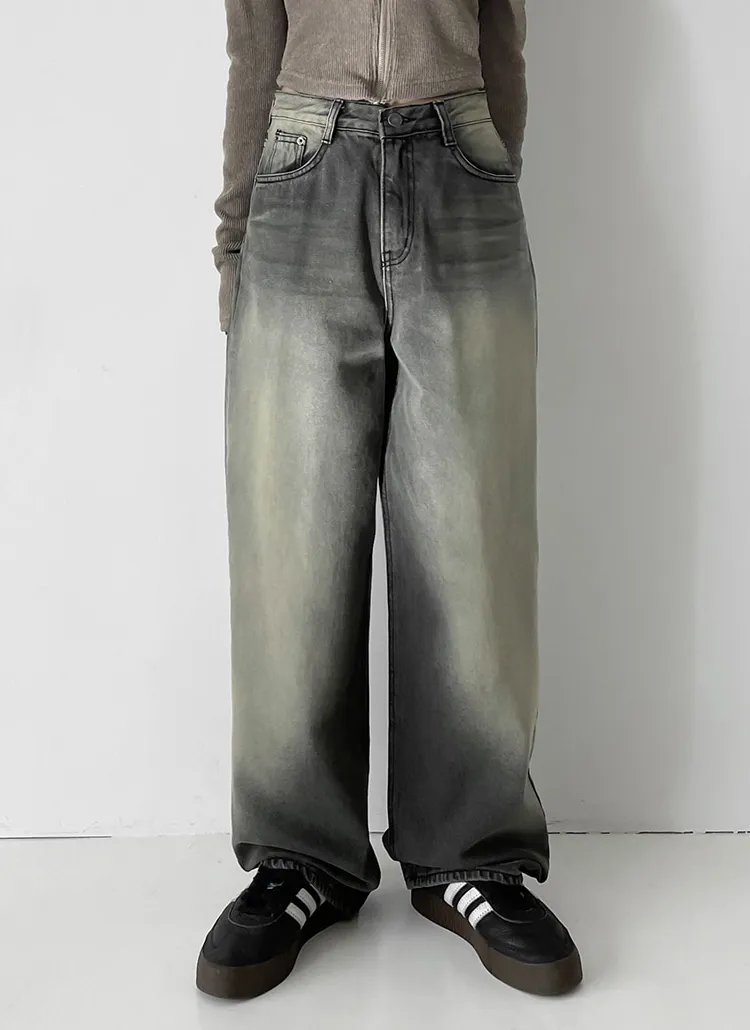 ダークグレーウォッシュワイドデニムパンツ | レディースファッション  