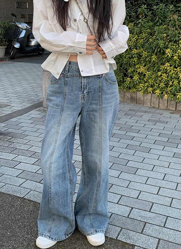 セール】ヴィンテージ加工 切替フレアデニムパンツ（デニム