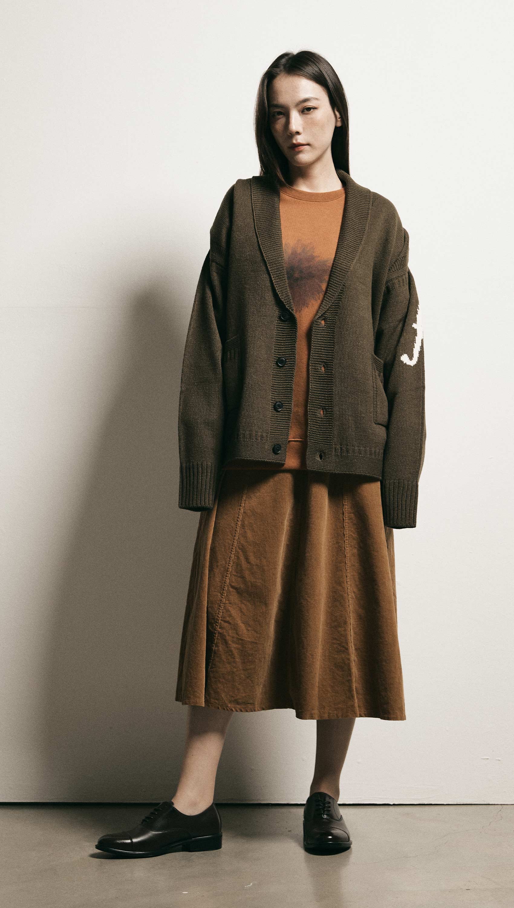 Fロゴショールカラーカーディガン(KHAKI) | レディース