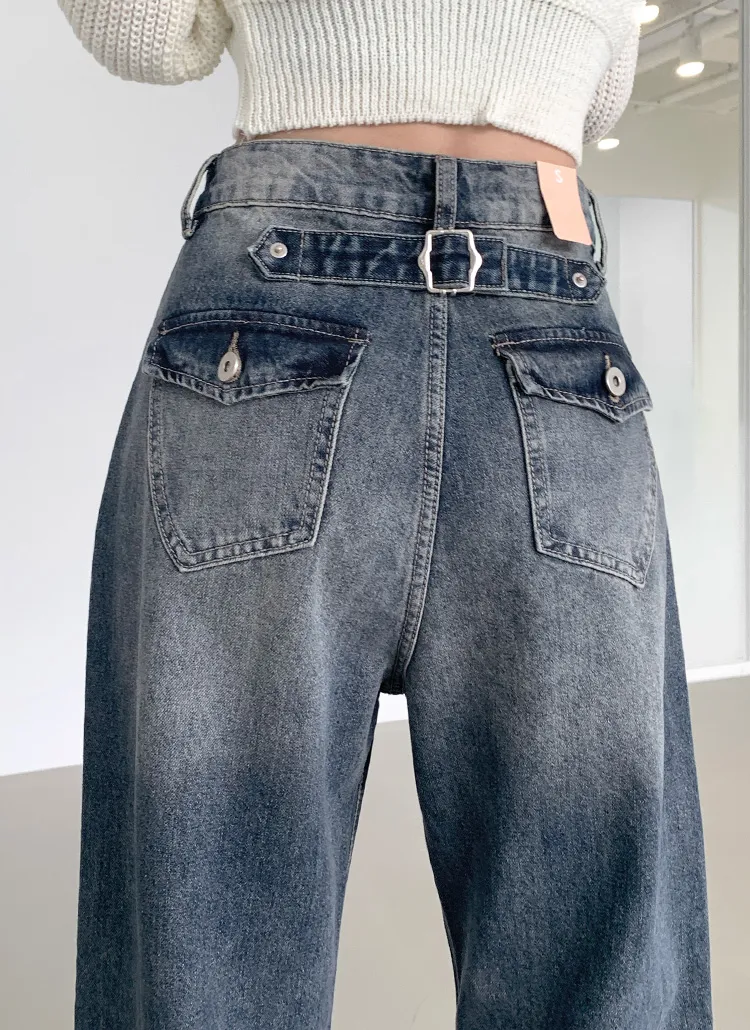 Y2Kバックベルトワイドデニムパンツ | レディースファッション通販  