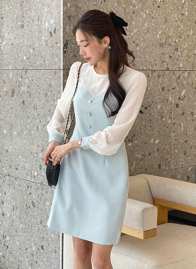 高級✨TO BE CHIC ノーカラー ツイードワンピース 水色 42 L〜XL ツイードシアーミニワンピース | レディースファッション通販 - DHOLIC