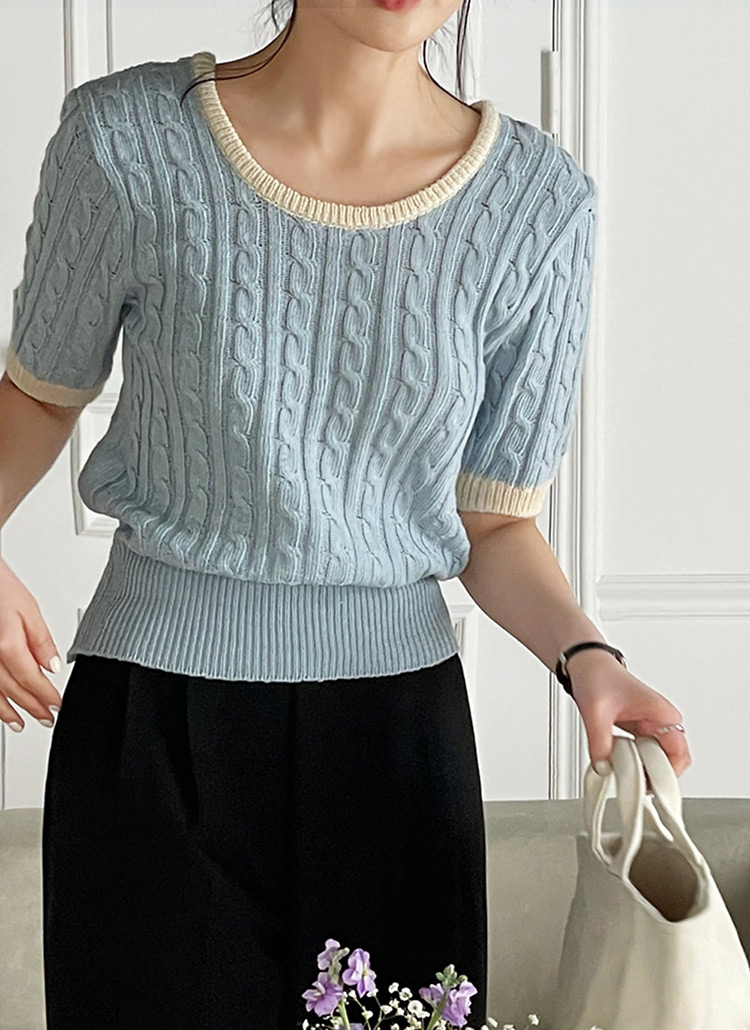 ラウンド配色ケーブル半袖ニット | レディースファッション通販 - DHOLIC