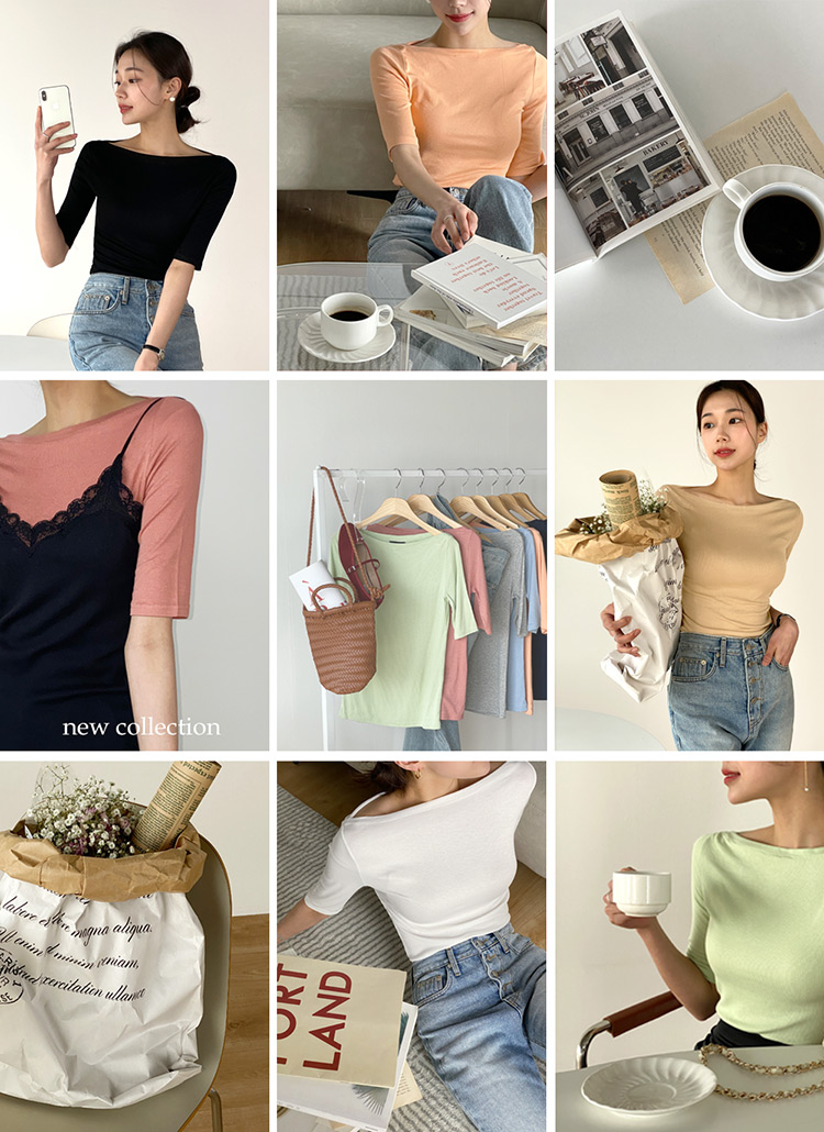 リブTシャツ ボートネック5分袖リブTシャツ | レディースファッション通販