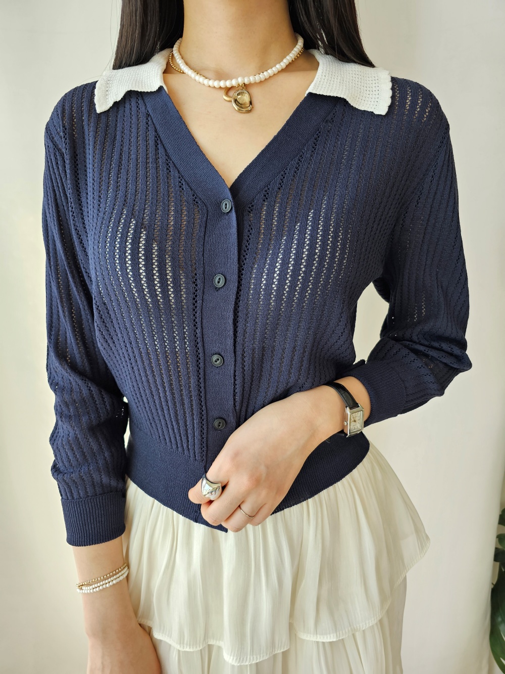 襟付リネン混Vネックカーディガン | レディースファッション通販 - DHOLIC