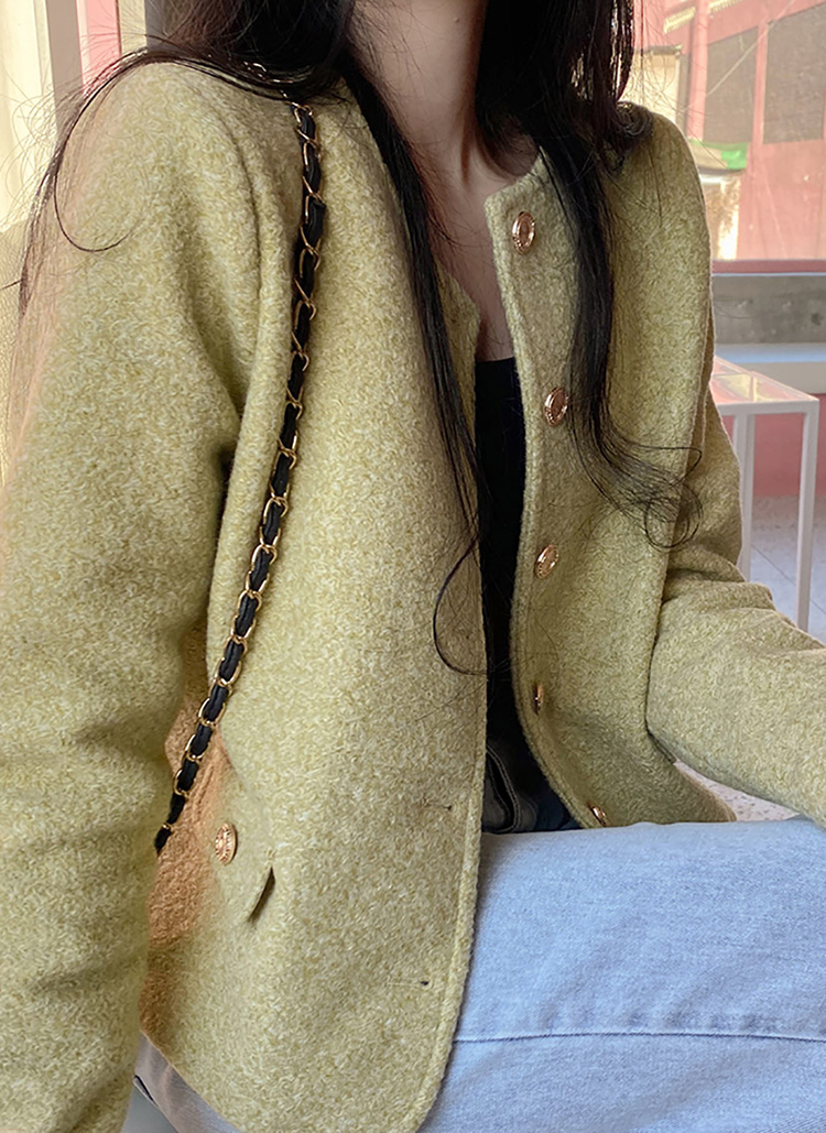 ノーカラー　グリーン　金ボタン　ジャケット　古着　一点もの　ヴィンテージ　ケティ ノーカラー グリーン 金ボタン ジャケット 古着 一点もの ヴィンテージ