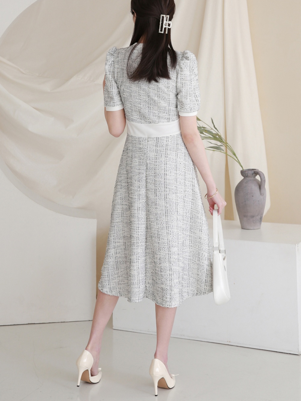 上品PINKO ツイード 半袖ワンピース ベルト付き ホワイト 上品PINKO