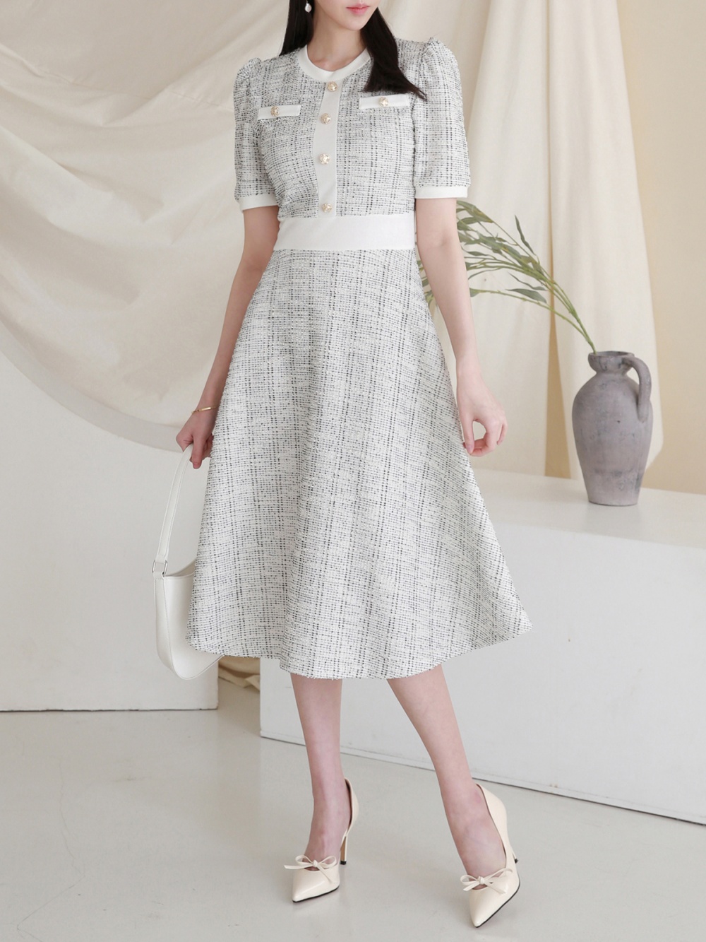 Capri René 麻絹ツイード 半袖ワンピース美品 RAN SERENE】ミニ/ドレス/ワンピース/グリーン/半袖/ツイード/フレア