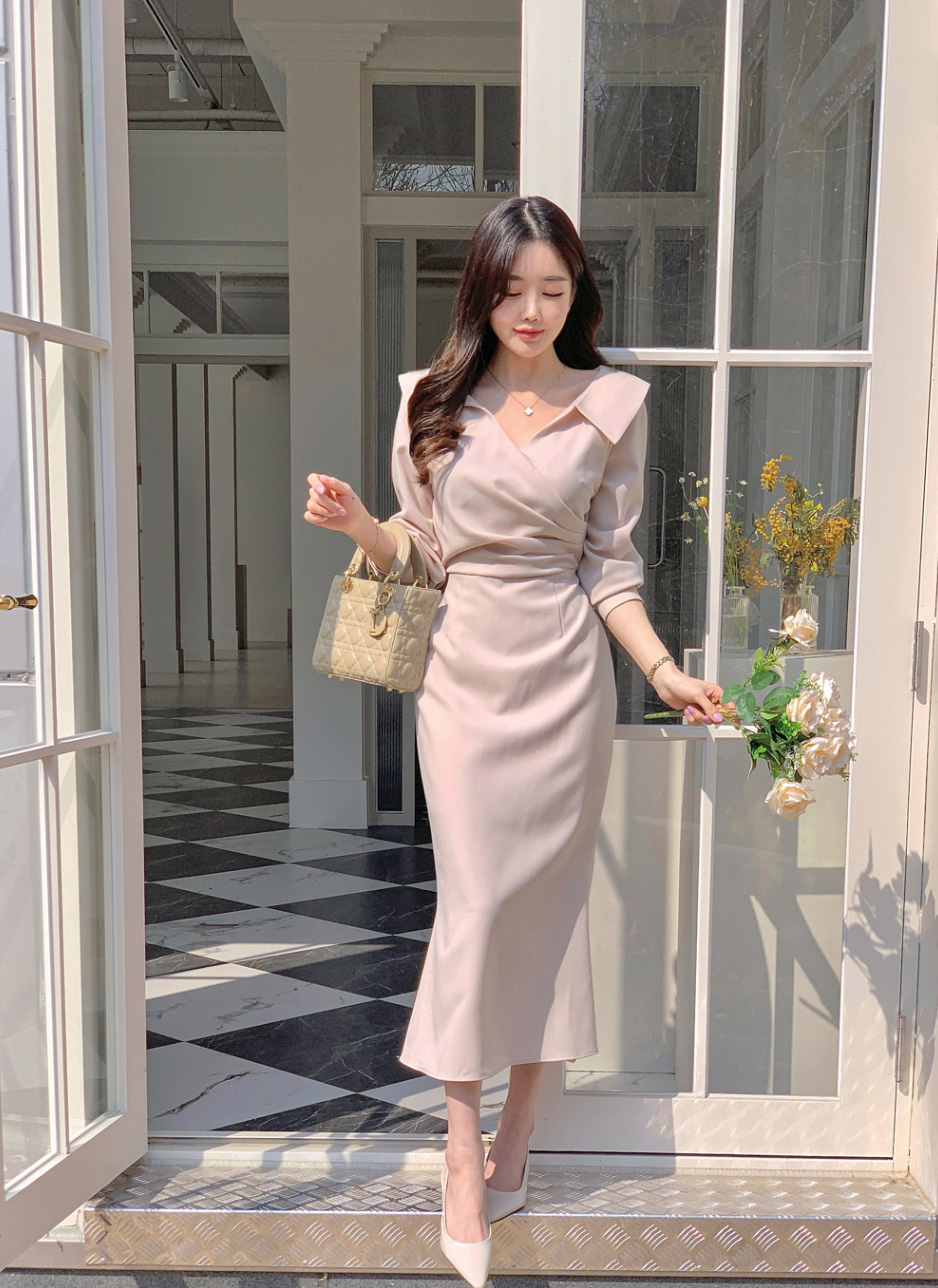 オープンカラーカシュクールマーメイドワンピース | レディース