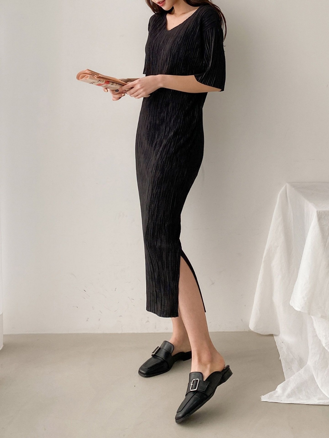 Donna Karan ラップスタイルプリーツワンピース プリーツラップデザインワンピース | レディースファッション