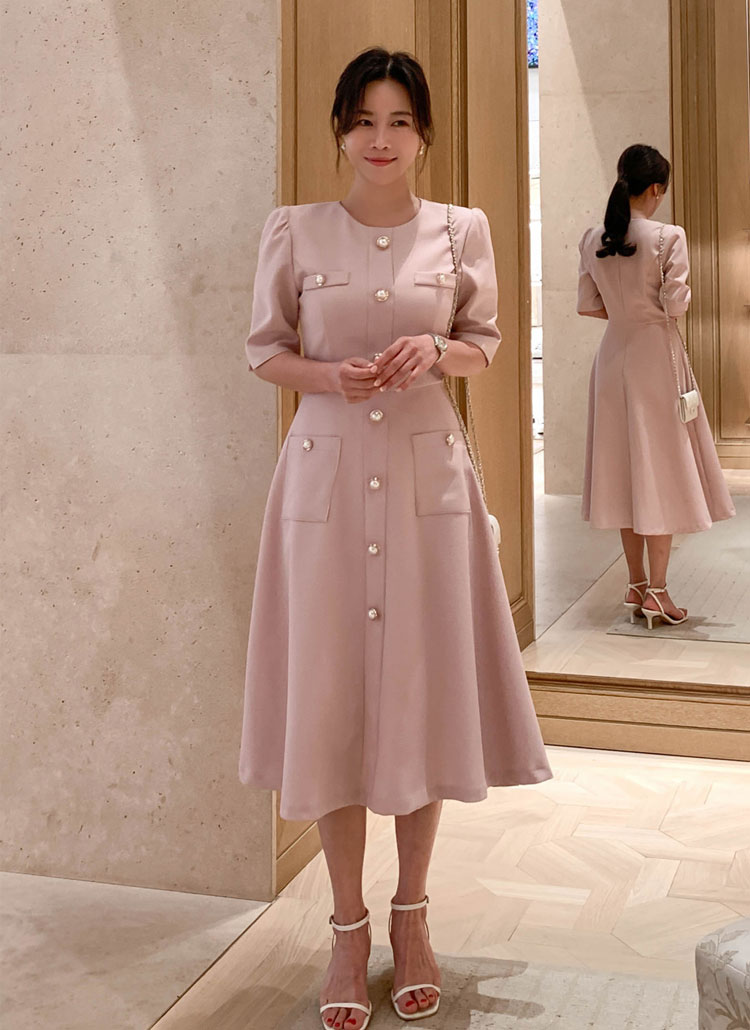 Loropianaロロピアーナピンク 七分袖 ボタン付き ワンピース 095009r01.jpg