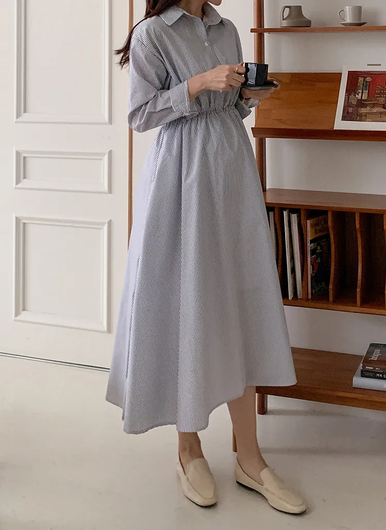 ウエストゴムストライプシャツワンピース | レディースファッション  