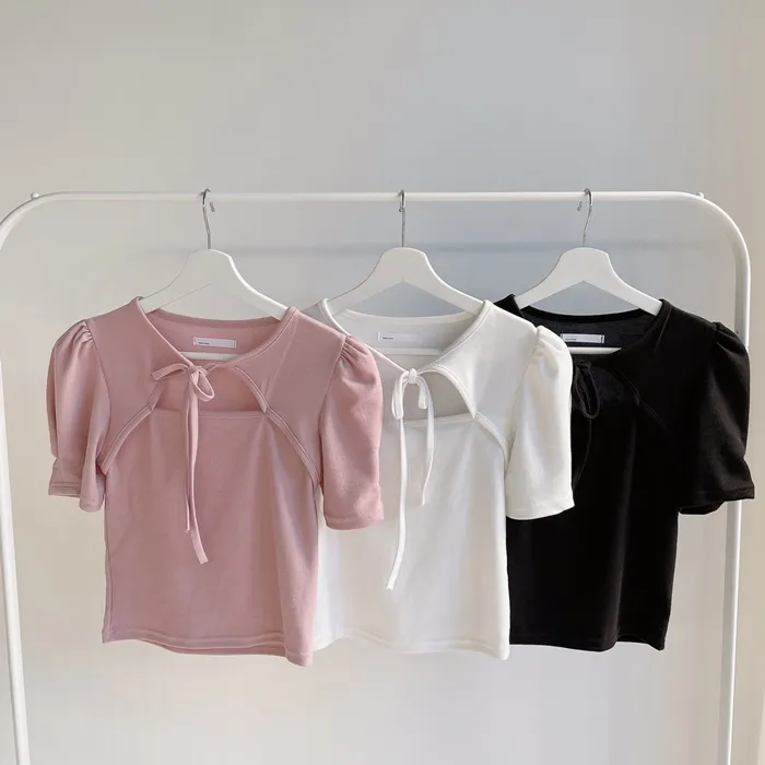 カットリボンネックパフ半袖Tシャツ | mirangmirang | 詳細画像37