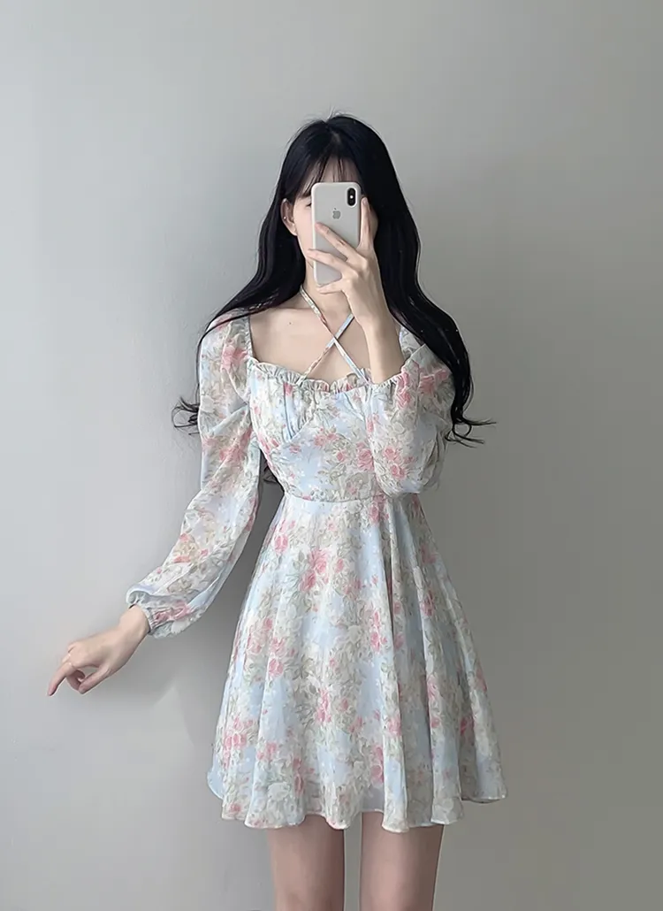 ストラップネックシフォンフラワーワンピース | レディース  