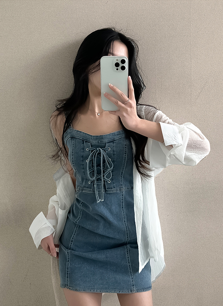 LA POMME petit レース襟半袖デニムミニワンピース レース襟半袖デニムミニワンピース Lace Collar Denim One Piece