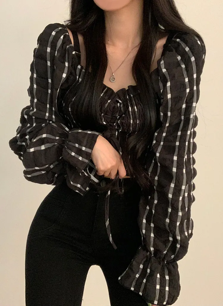 ストリングクロップドチェックブラウス | moodloveroom | 詳細画像1