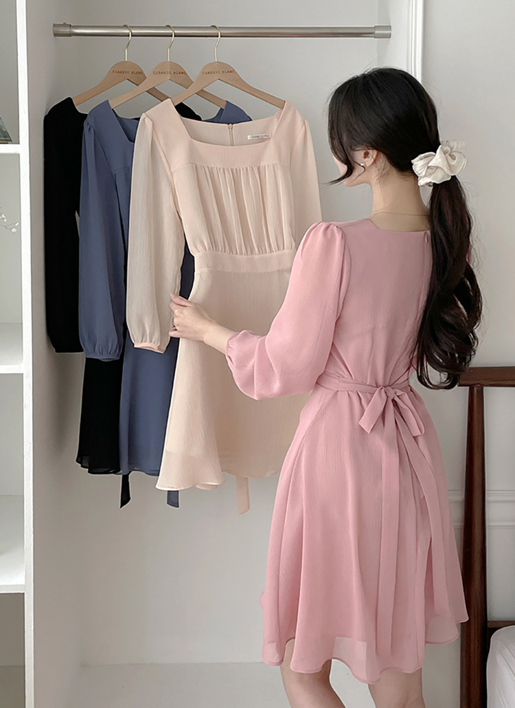 シフォンバックリボンスクエアネックミディワンピース