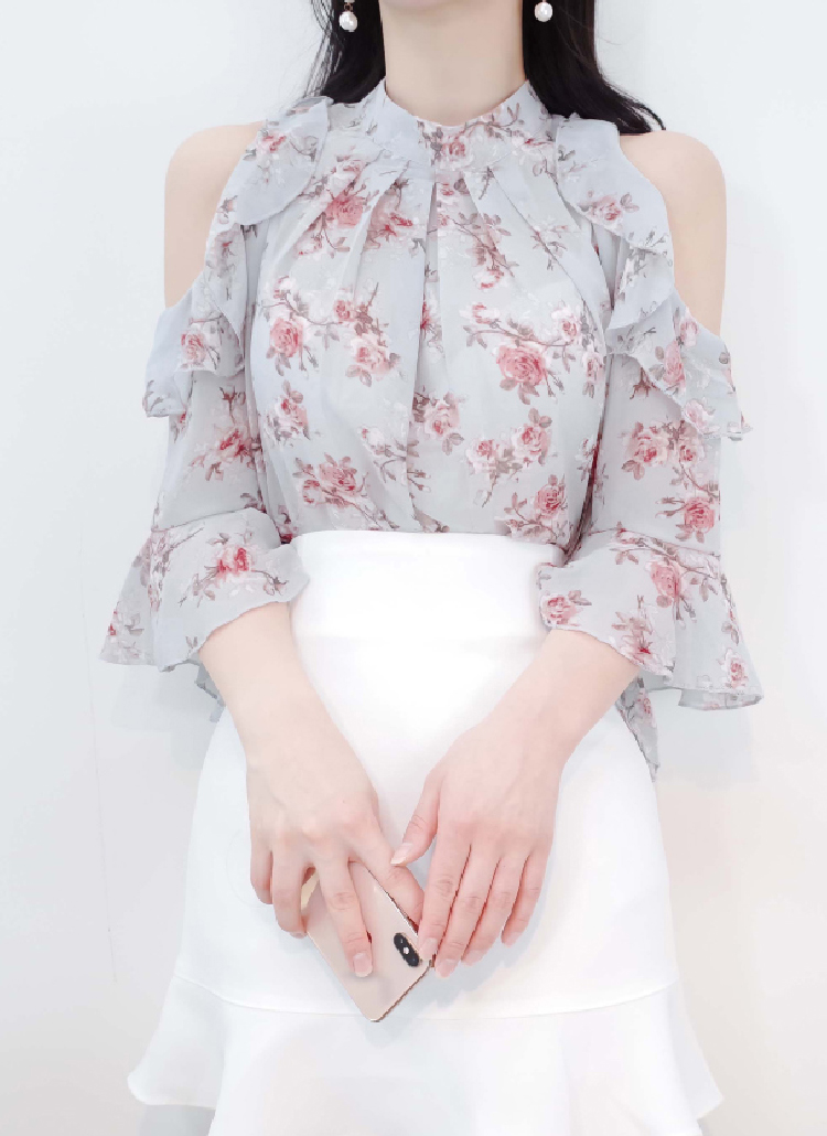 ショルダーオープン花柄フリルブラウス | レディースファッション通販