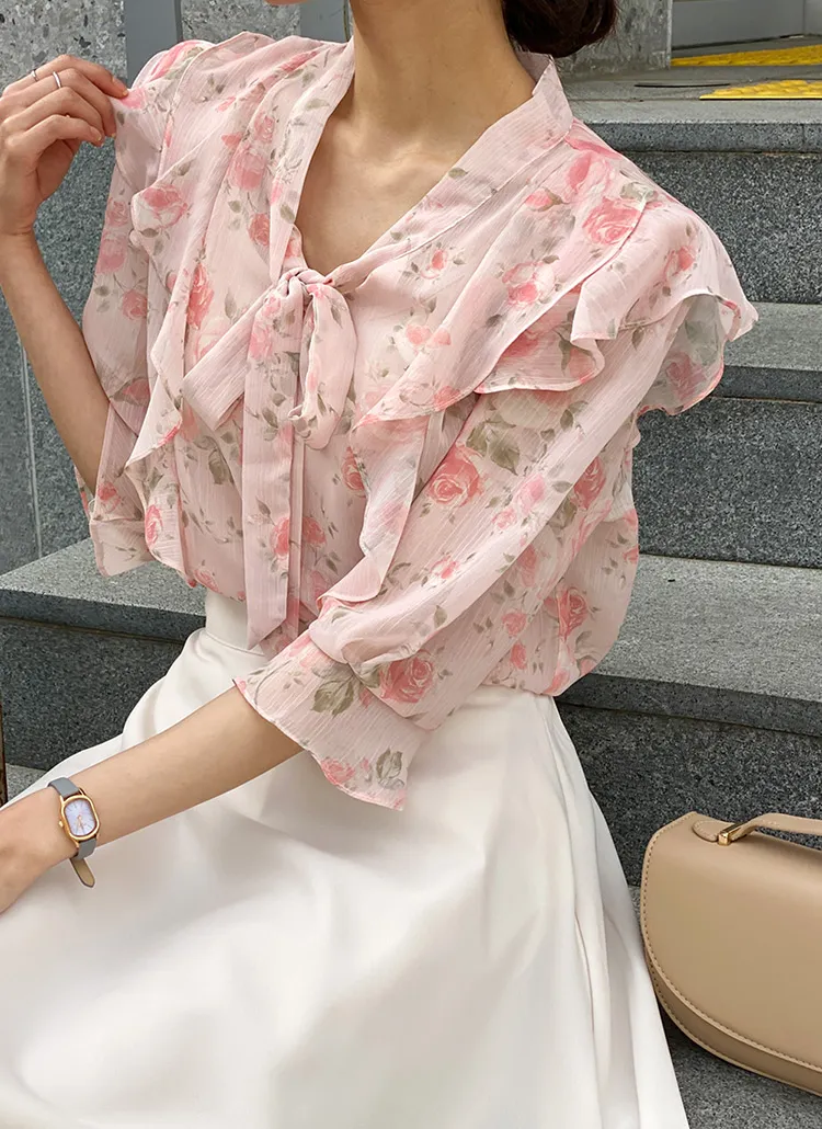 Rone フリル リボン 長袖 ブラウス 子花柄 レッド 9号 USED Doll