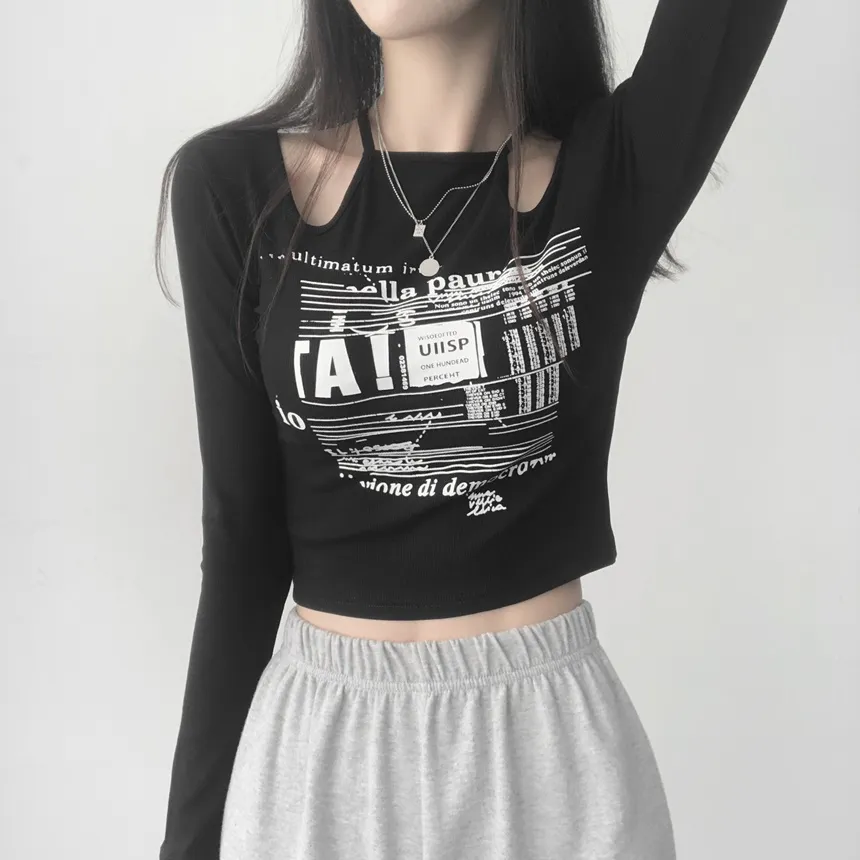 チョーカーネックカットアウトプリントTシャツ | lilisense | 詳細画像13