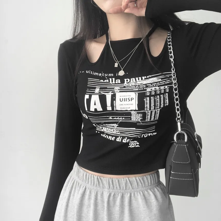 チョーカーネックカットアウトプリントTシャツ | lilisense | 詳細画像17