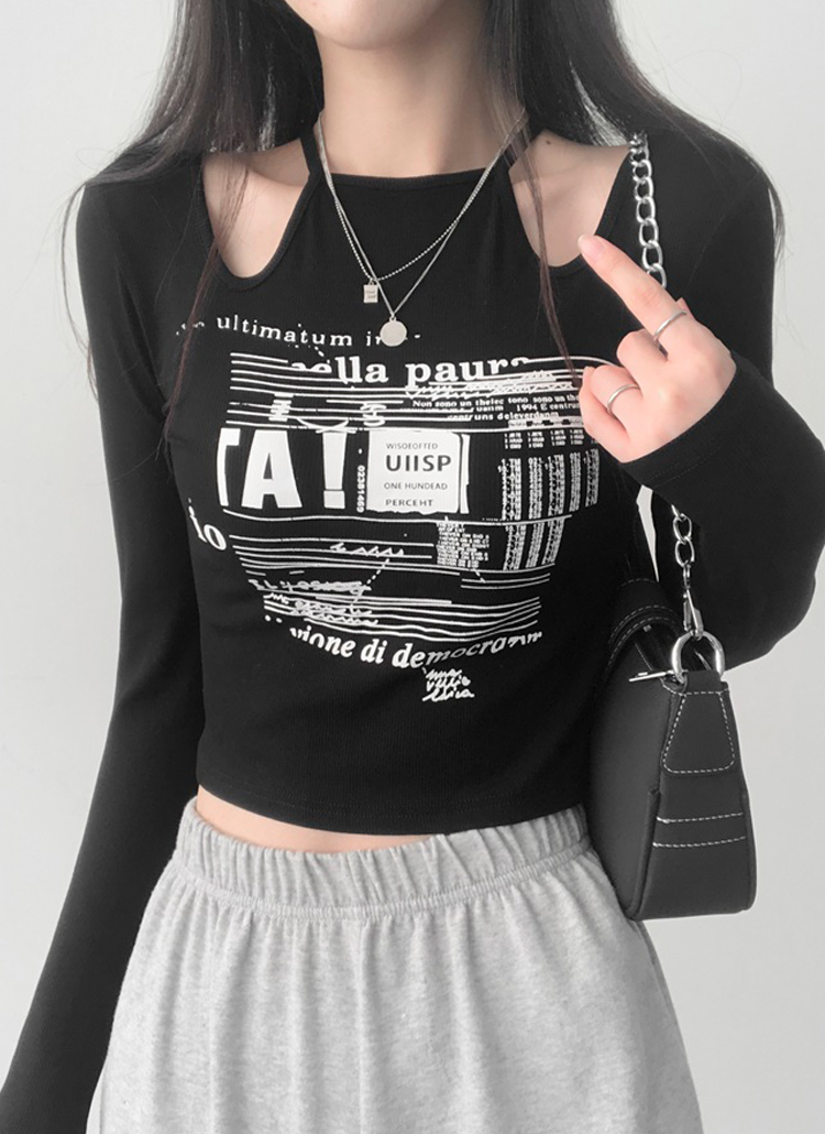 チョーカーネックカットアウトプリントTシャツ | レディース