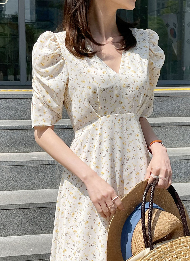 ワンピース 花柄 タイト フィッシュテール シャーリング シャーリングスリーブ花柄ワンピース | レディースファッション