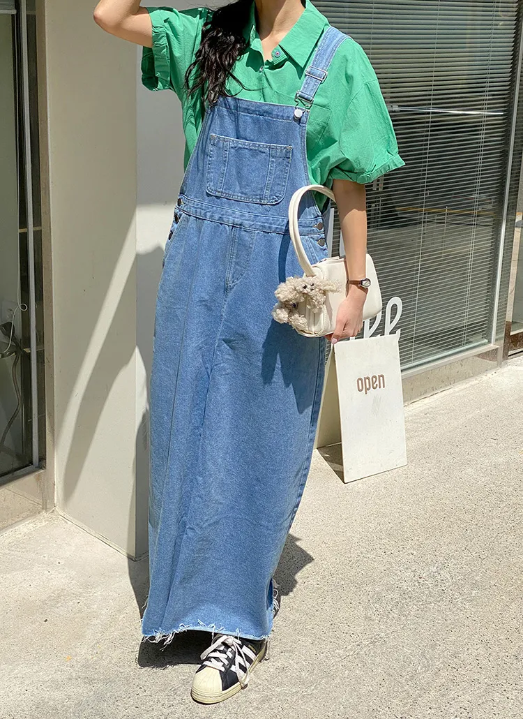 デニムサロペットワンピース | レディースファッション通販 - DHOLIC 人気新品ゆったりデニムサロペット綿素材ロングワンピースレディースポケット付け