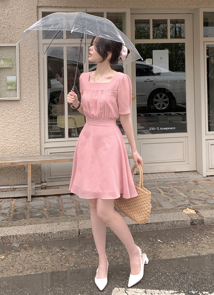 シフォンスクエアネックバックリボン半袖ワンピース | レディース