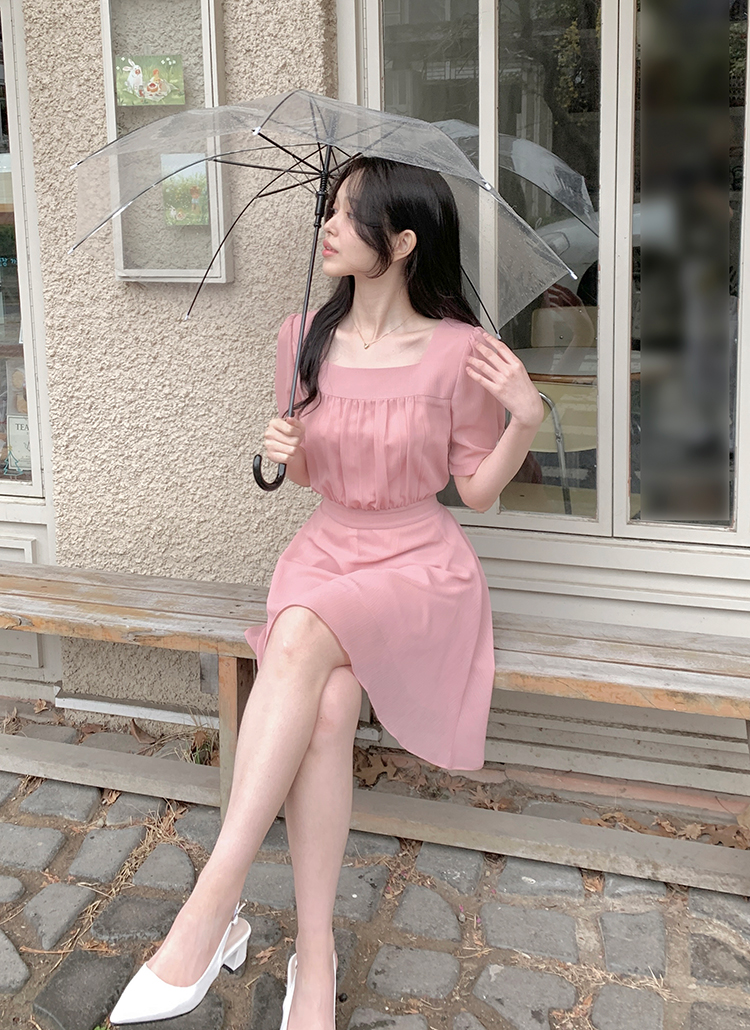 シフォンスクエアネックバックリボン半袖ワンピース | レディース