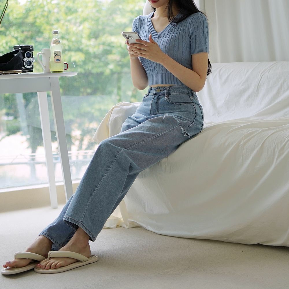 クロップドケーブル半袖ニット | レディースファッション通販