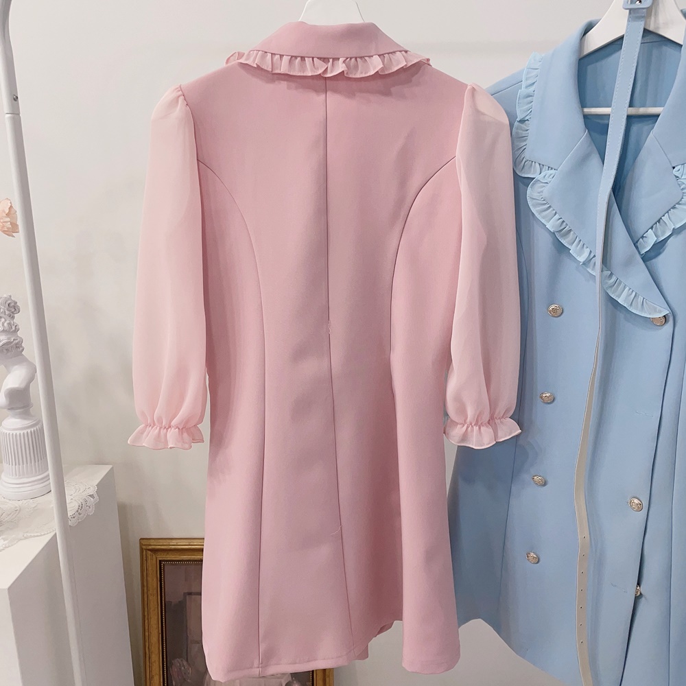 DABUWAWA フリル ボタン マーメイドドレス ワンピース 半袖 PINK フリルカラーダブルボタンワンピース | レディースファッション