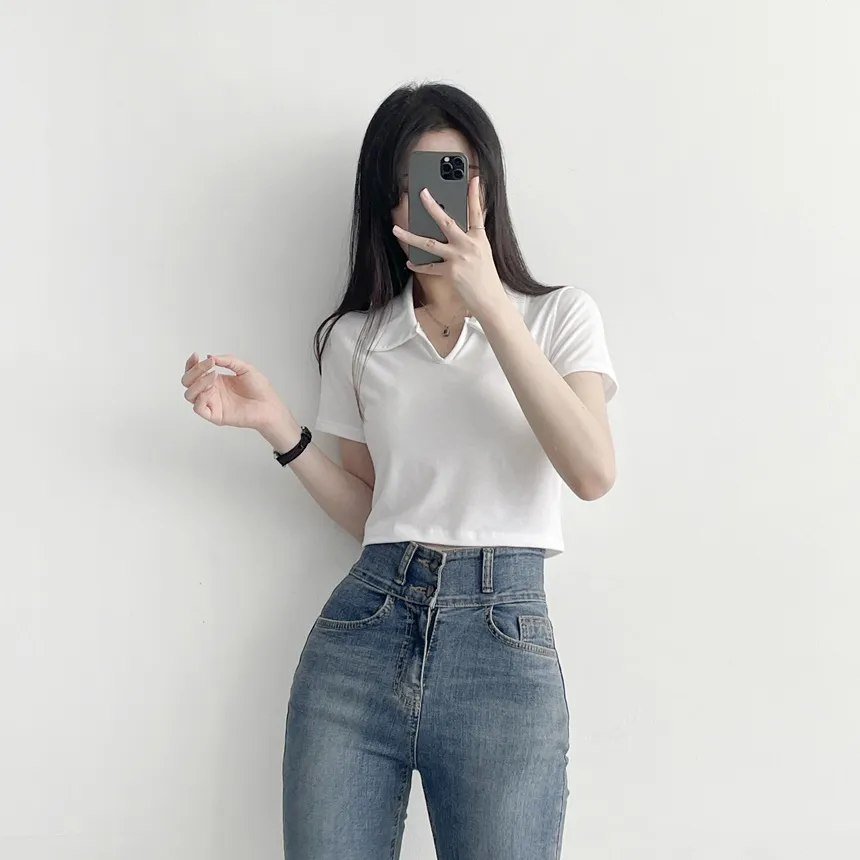 開襟クロップド半袖Tシャツ | レディースファッション通販 - DHOLIC