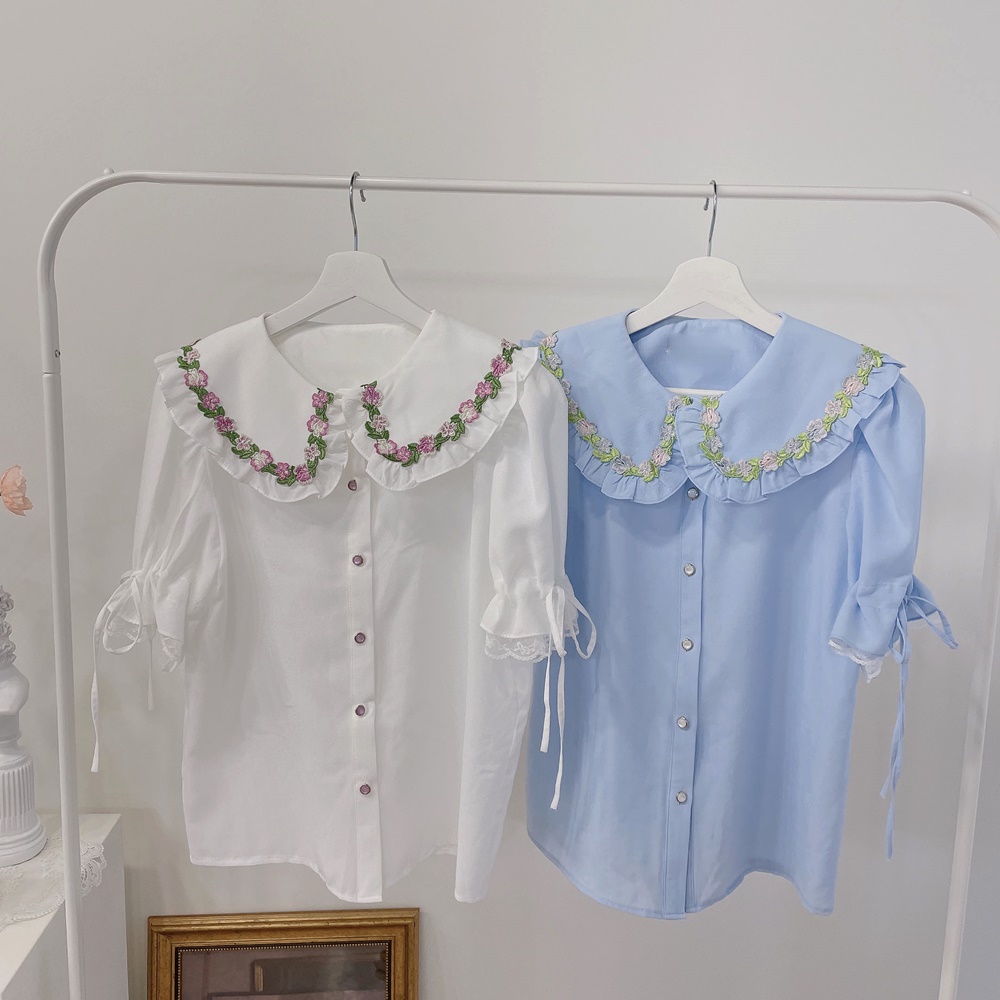 45R ミドルガーゼフラワー刺繍ブラウス 小花柄フリル