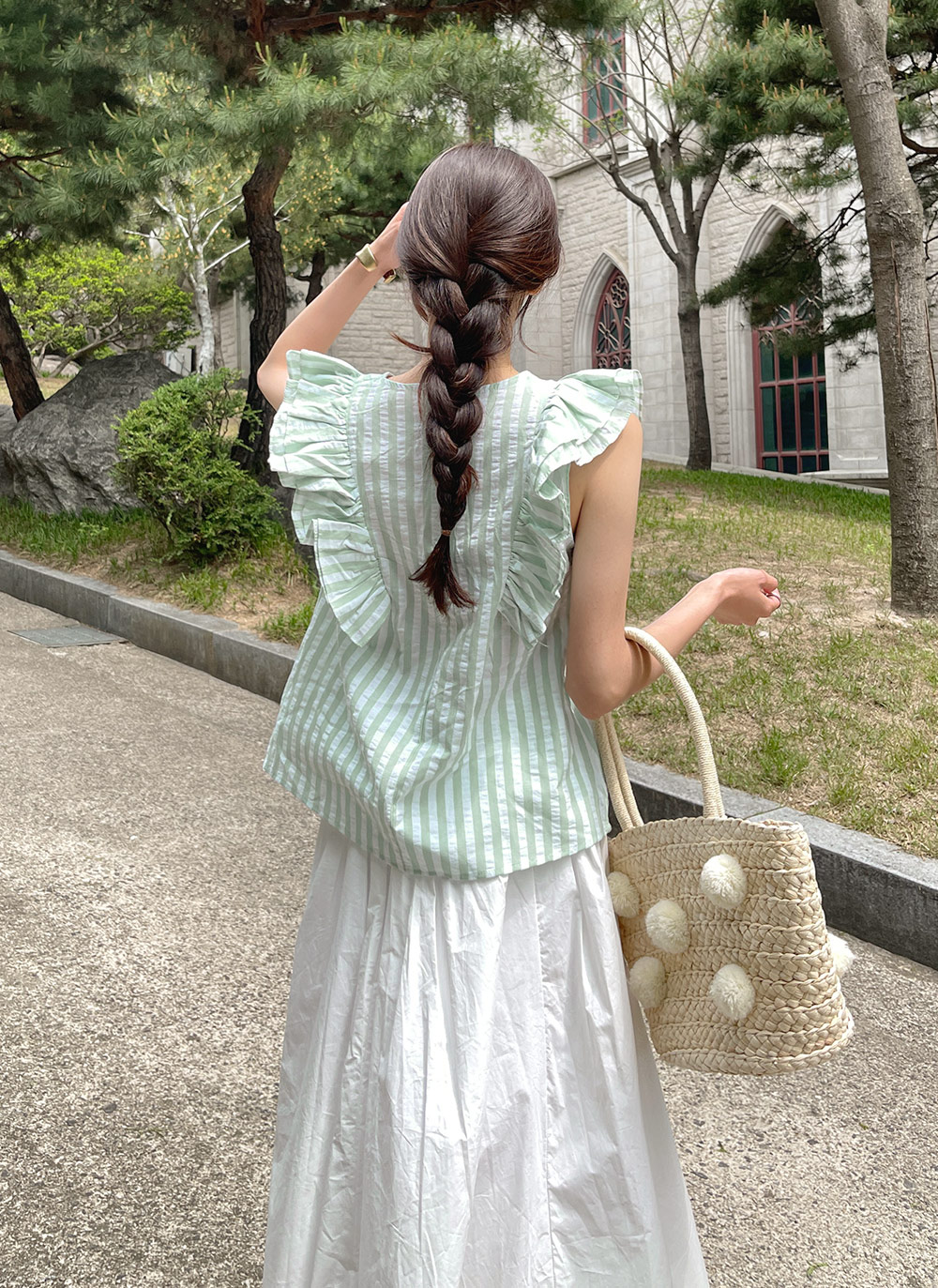 Déci Couture ストライプ フリル ノースリーブ トップス ストライプフリルノースリーブ | レディースファッション通販 - DHOLIC