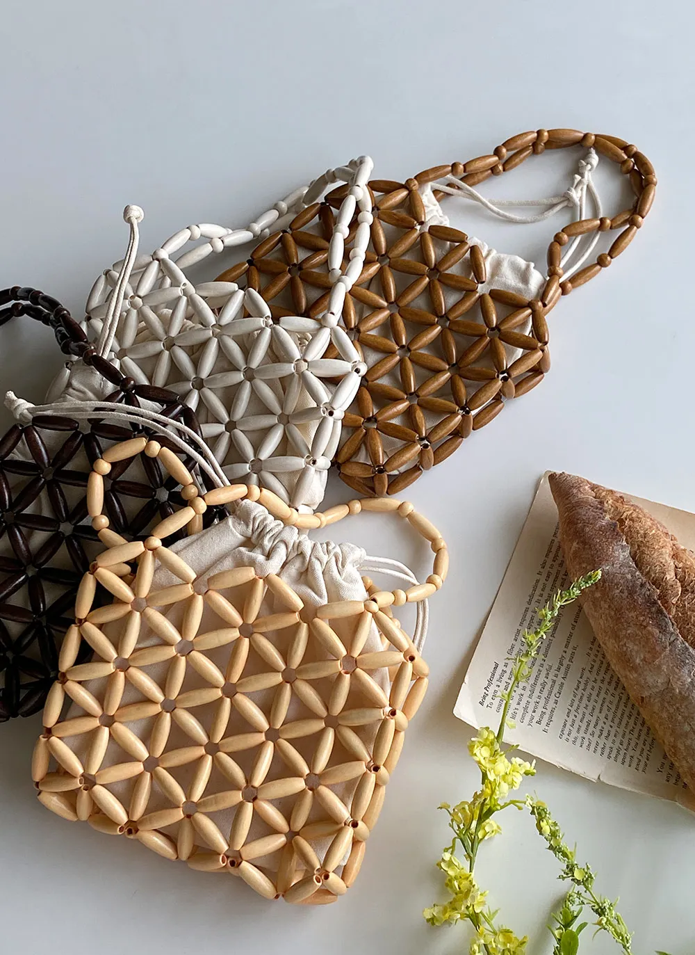 巾着付ウッド調ビーズバッグ | レディースファッション通販 - DHOLIC 