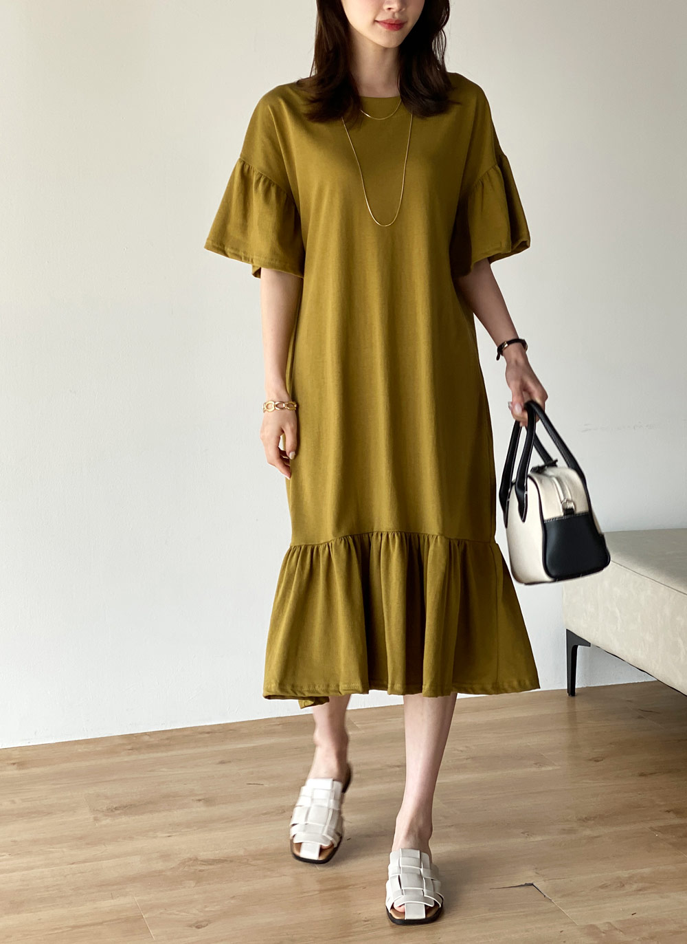 Ribbon gathered flare long onepiece（【Pre Order】Flower