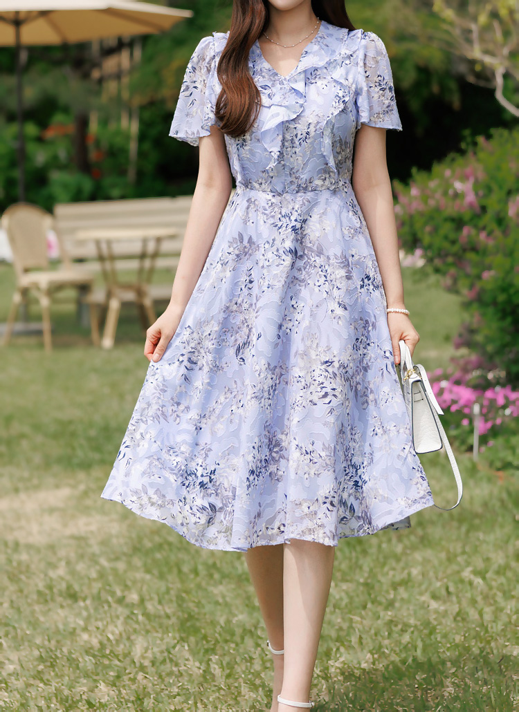 ジャガードフレアスリーブプリントワンピース | レディース