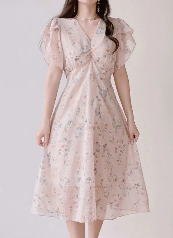 Vネックフラワーシフォンワンピース | mirangmirang | 詳細画像1